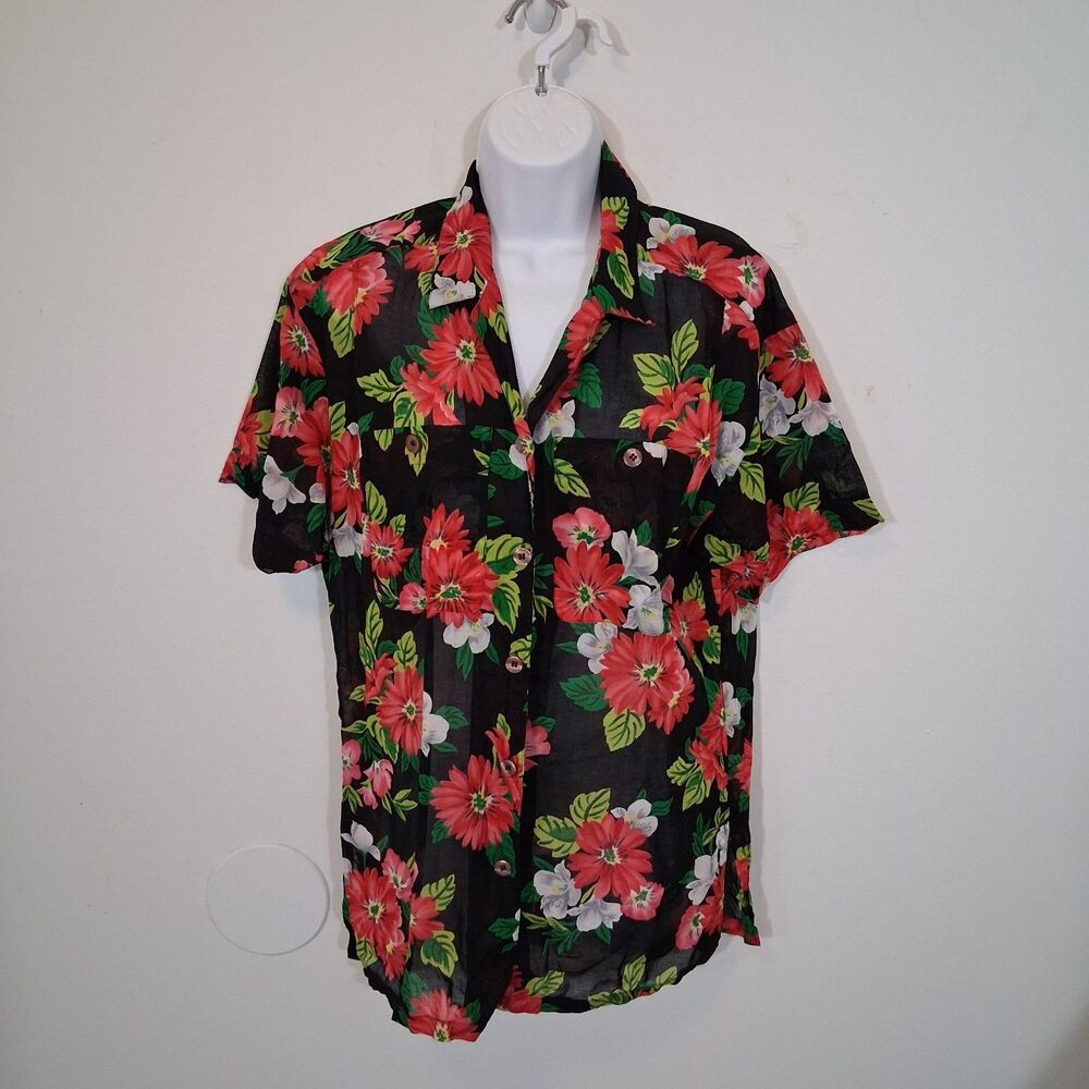 Vintage Hawaiian 100% Cotton Button Down Blouse Sz L Dark Tropical Semi Sheer